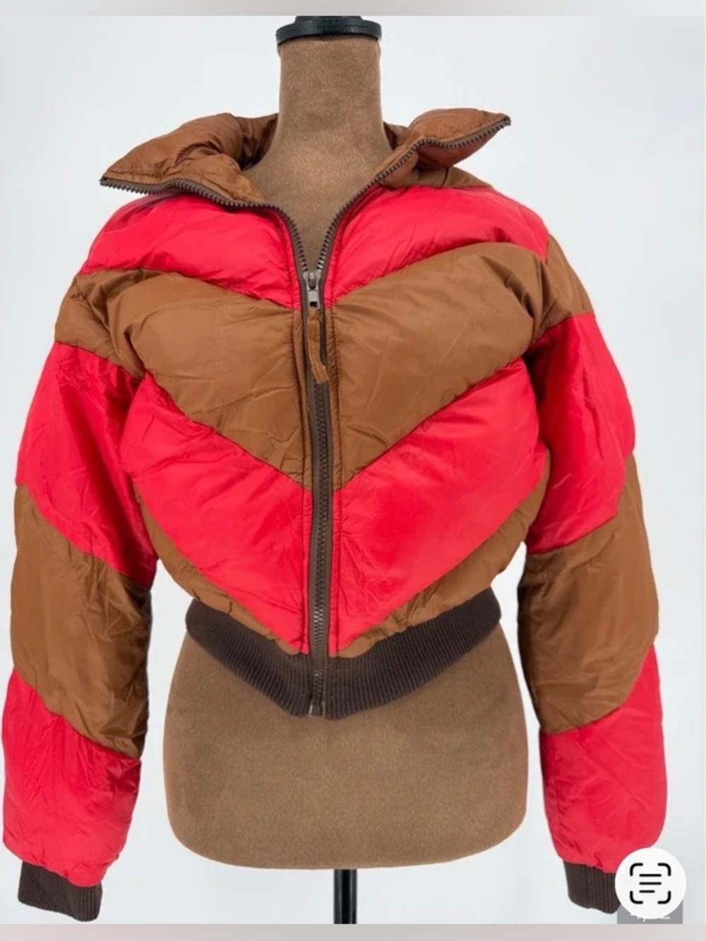 Urban Outfitters Cropped Red and Brown Chevron Colorblock Puffer Jacket NWOT